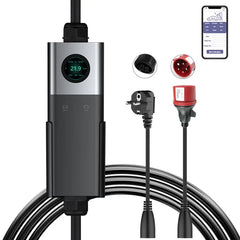 Coolladen Mobiele Wallbox WiFi Met APP, Opladen Tot 11kW, EV Lader Type 2, 5M Kabel, Touchscreen Display, Aanpasbare Stroomgrootte Met Schuko 16A/CEE 16A Rood
