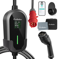 Coolladen 11kW Draagbare EV-laadkabel Type 2 (16A 3-fase) met appbediening – geplande laadsessies, instelbare stroom, Type B RCD, wandbeugel en draagtas inbegrepen