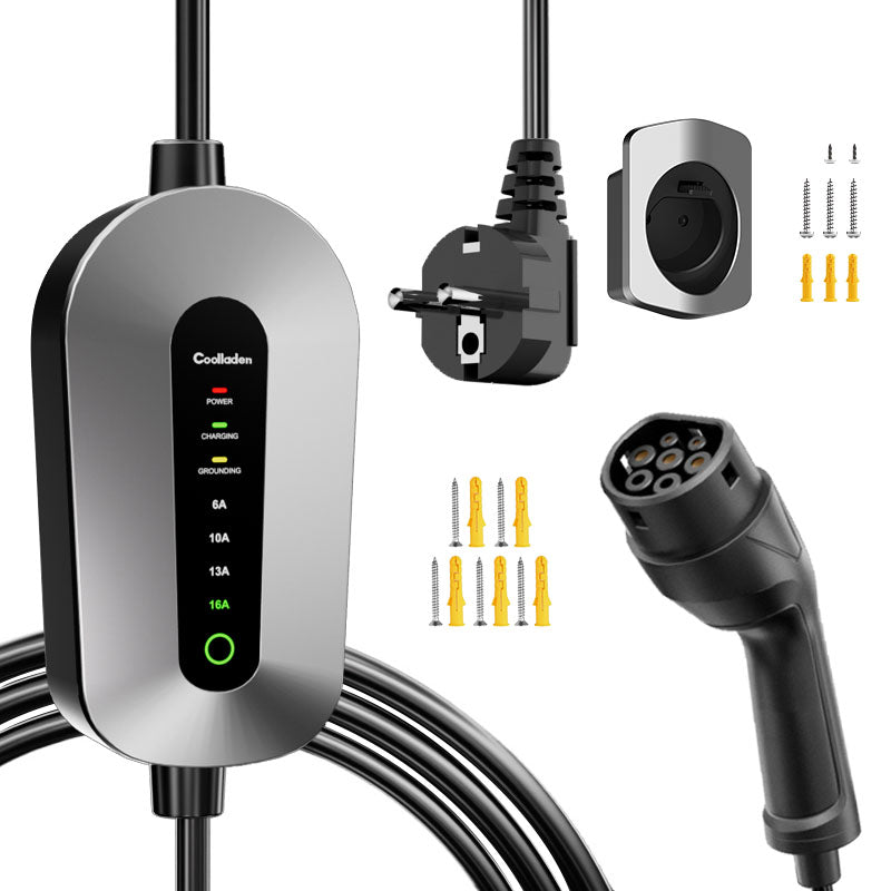 Coolladen Mobiele Wallbox Type 2 laadkabel Schuko 3.5kW [1-phase, 4-11m, 6-16A], met 2-pins Schuko stekker, draagbare elektrische auto oplader voor elektrische voertuigen en PHEV's