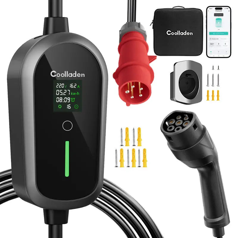 Coolladen Mobiele Wallbox 11kW met APP Wi-Fi & Bluetooth laadkabel type 2 CEE plug [3-phase|4m/6m/11m|6-16A] met instelbare laadkracht, EV-lader voor ID.3/4/5, e-up, e-tron, Zoe en andere EV