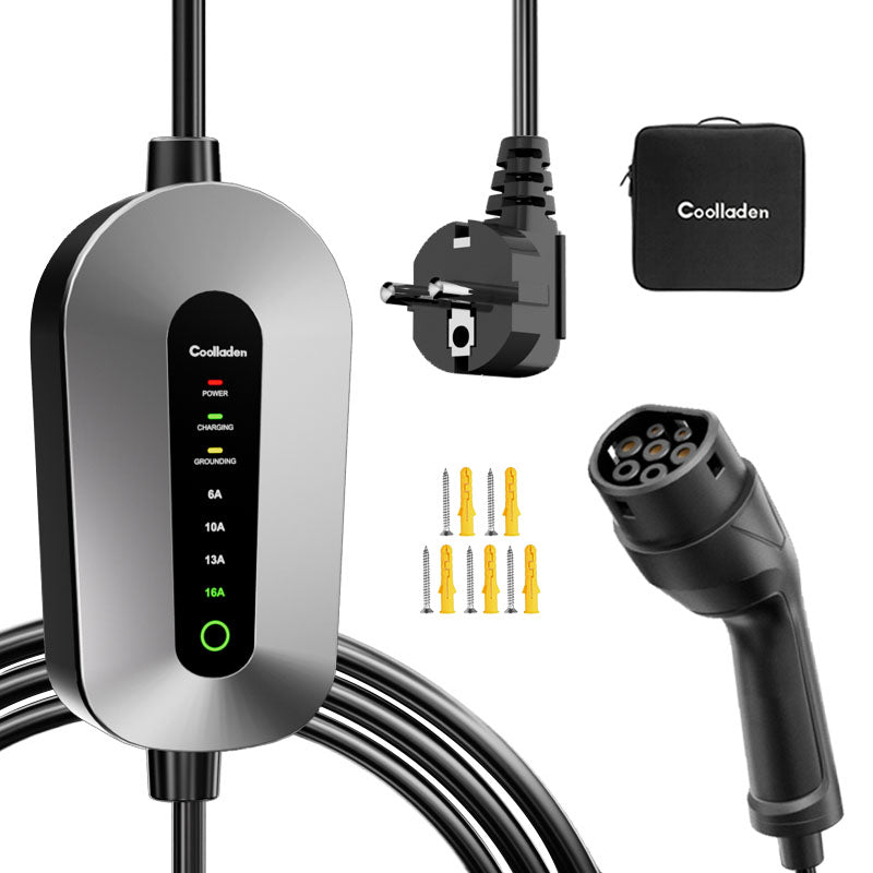 Coolladen Mobiele Wallbox Type 2 laadkabel Schuko 3.5kW [1-phase, 4-11m, 6-16A], met 2-pins Schuko stekker, draagbare elektrische auto oplader voor elektrische voertuigen en PHEV's