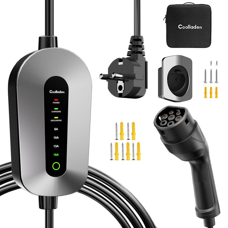 Coolladen Mobiele Wallbox Type 2 laadkabel Schuko 3.5kW [1-phase, 4-11m, 6-16A], met 2-pins Schuko stekker, draagbare elektrische auto oplader voor elektrische voertuigen en PHEV's