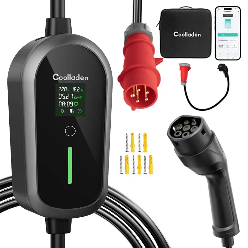 Coolladen Mobiele Wallbox 11kW met APP Wi-Fi & Bluetooth laadkabel type 2 CEE plug [3-phase|4m/6m/11m|6-16A] met instelbare laadkracht, EV-lader voor ID.3/4/5, e-up, e-tron, Zoe en andere EV