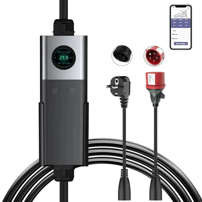 Coolladen Mobiele Wallbox WiFi met APP, opladen tot 22kW, EV-lader type 2, 5M kabel, touchscreen-display, instelbare stroomgrootte met Schuko 16A/CEE 32A rood/CEE 16A rood/CEE 32A blauw/Type 2 aansluiting