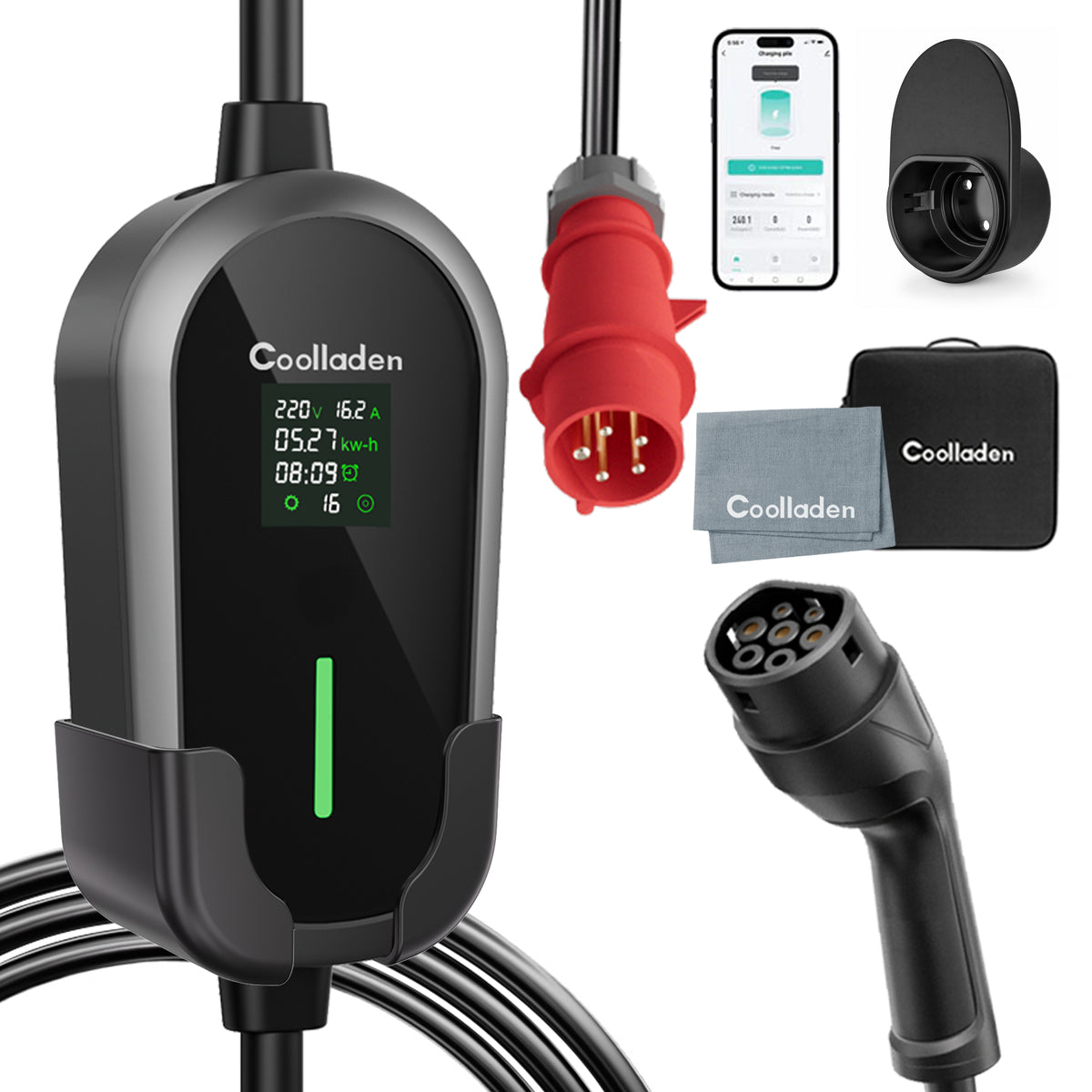 Coolladen 11kW Draagbare EV-laadkabel Type 2 (16A 3-fase) met appbediening – geplande laadsessies, instelbare stroom, Type B RCD, wandbeugel en draagtas inbegrepen