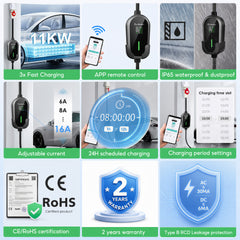 Coolladen 11kW Draagbare EV-laadkabel Type 2 (16A 3-fase) met appbediening – geplande laadsessies, instelbare stroom, Type B RCD, wandbeugel en draagtas inbegrepen
