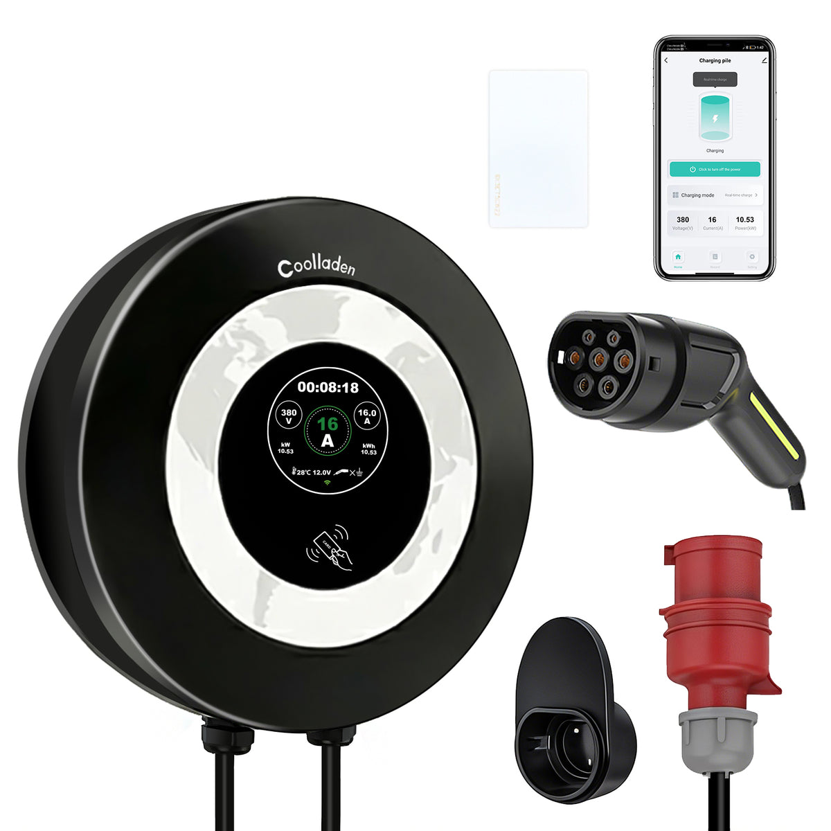 Coolladen Wallbox 11 kW met app-besturing & RFID, Type 2 naar CEE 16A 3-fasen EV-lader, geavanceerde AC+DC lekbeveiliging (RCD Type B)