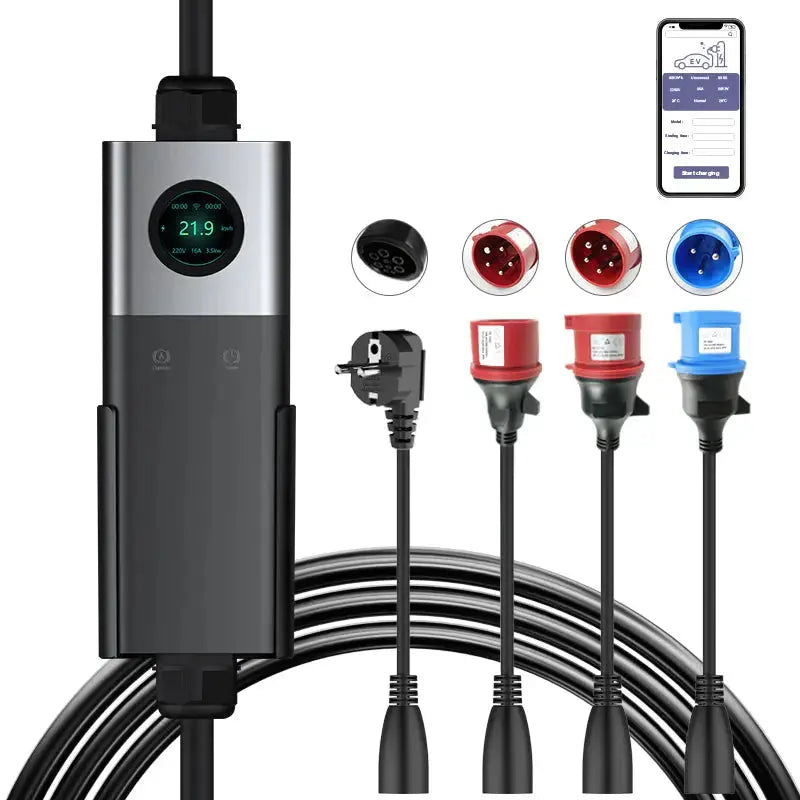 Coolladen Mobiele Wallbox WiFi Met APP, Opladen Tot 11kW, EV Lader Type 2, 5M Kabel, Touchscreen Display, Aanpasbare Stroomgrootte Met Schuko 16A/CEE 16A Rood