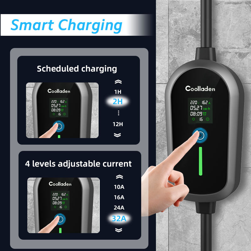 Colladen 7KW draagbare EV-oplader 1 fase 32A Type 2 oplader voor elektrische voertuigen, 8H schema opladen, 4 niveaus Verstelbaar huidig laadstation met CEE-stekker