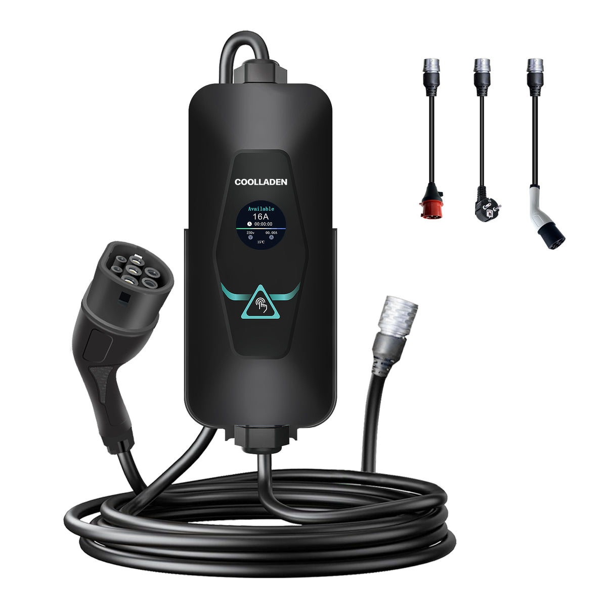 Coolladen 11kW 5M Portable EV Charger Type 2 with Public Station Power Takeoff Adapter – Smart App Control, Interchangeable CEE & Schuko Plugs, Mobile EVSE with Charging Pillar Connector