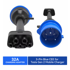 3-pins blauwe CEE-adapter voor Tesla Gen 2 mobiele oplader, draagbare EV-oplader verlengkabel naar 240V-stopcontact bij 32A, compatibel met Tesla Model 3/S/X/Y