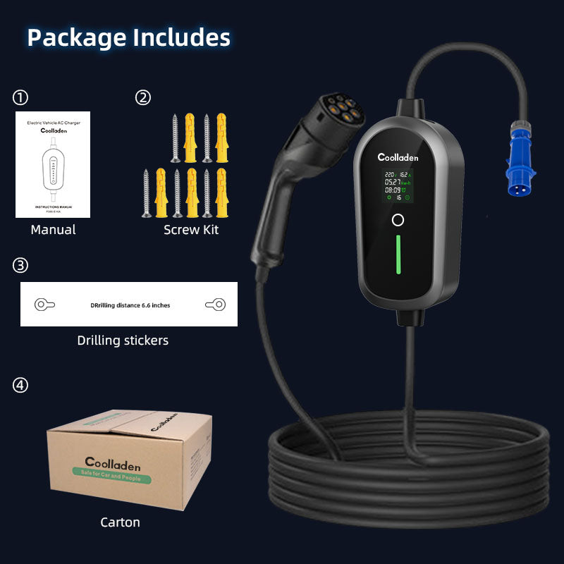 Colladen 7KW draagbare EV-oplader 1 fase 32A Type 2 oplader voor elektrische voertuigen, 8H schema opladen, 4 niveaus Verstelbaar huidig laadstation met CEE-stekker