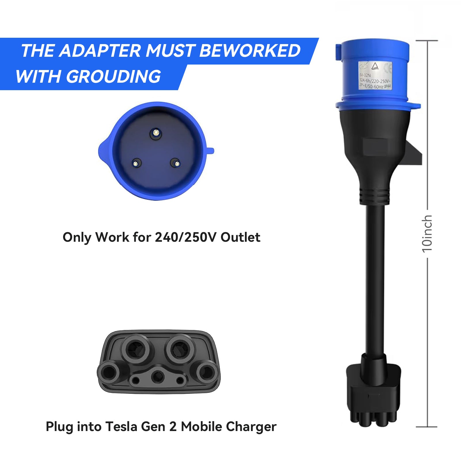 3-pins blauwe CEE-adapter voor Tesla Gen 2 mobiele oplader, draagbare EV-oplader verlengkabel naar 240V-stopcontact bij 32A, compatibel met Tesla Model 3/S/X/Y