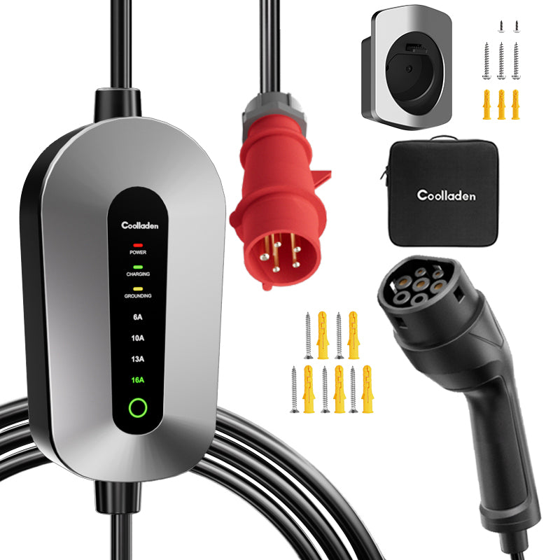 Coolladen Mobiele Wallbox 11kW laadkabel type 2 CEE plug [3-phase|4m/6m/11m|6-16A] met instelbare laadkracht, laadstation en EV-lader voor ID.3/4/5, e-up, e-tron, Zoe en andere EV