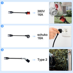 Coolladen 11kW 5M Portable EV Charger Type 2 with Public Station Power Takeoff Adapter – Smart App Control, Interchangeable CEE & Schuko Plugs, Mobile EVSE with Charging Pillar Connector