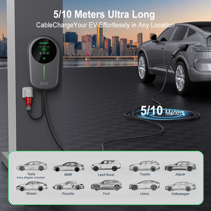 Coolladen EV Charger Smart APP met 32A Type 2 22kW Home Laadstation, Wallbox 5/10m Oplaadkabel met Opladerhouder App Controle CEE 3-fase stekker voor alle EV's en PHEV's