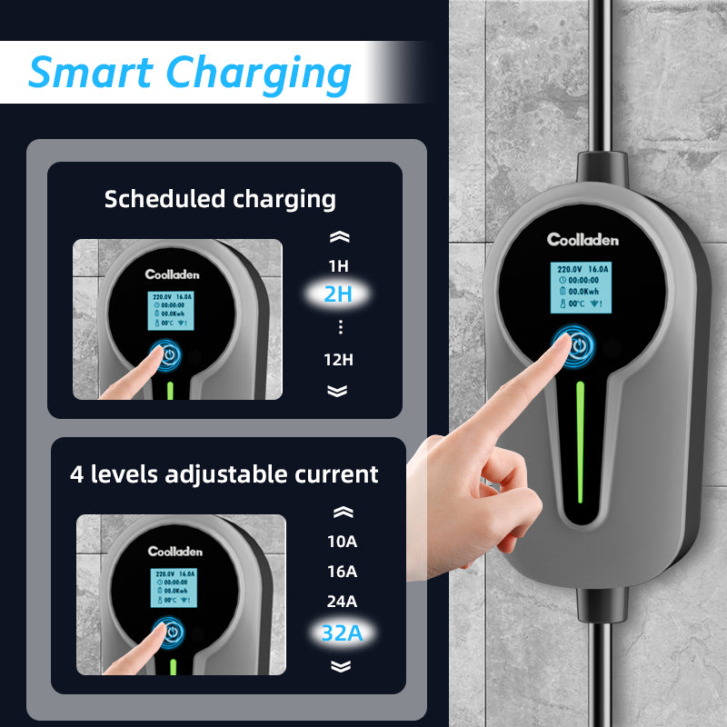 Colladen 7KW draagbare EV-oplader 1 fase 32A Type 2 oplader voor elektrische voertuigen, 8H schema opladen, 4 niveaus Verstelbaar huidig laadstation met CEE-stekker