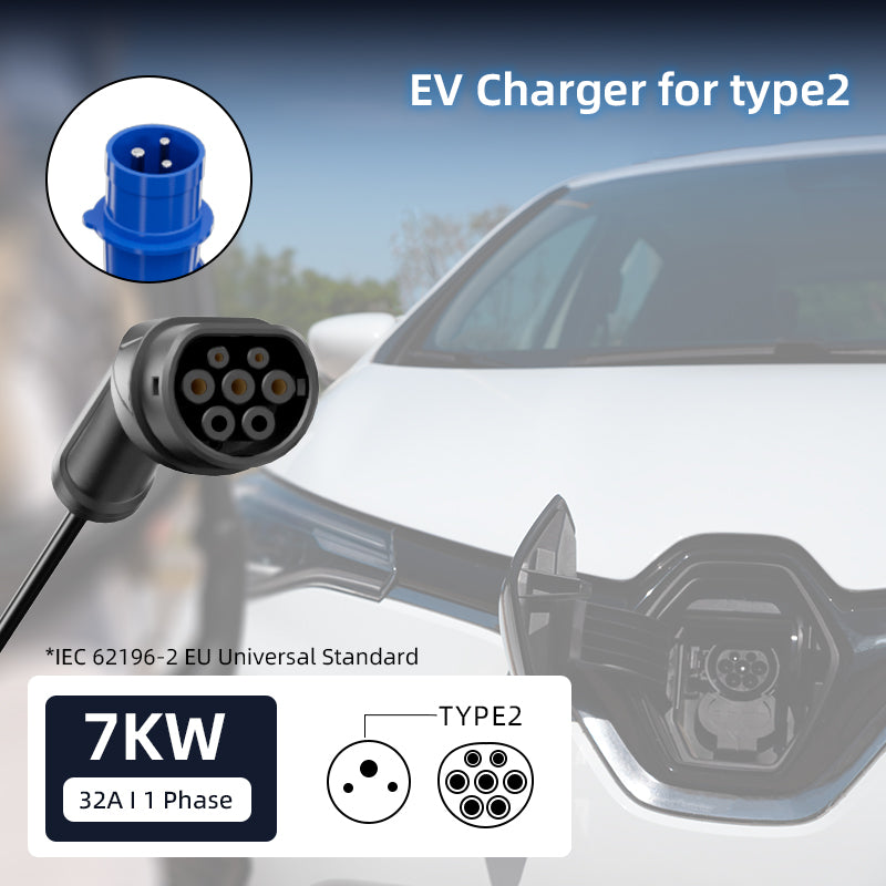 Colladen 7KW draagbare EV-oplader 1 fase 32A Type 2 oplader voor elektrische voertuigen, 8H schema opladen, 4 niveaus Verstelbaar huidig laadstation met CEE-stekker