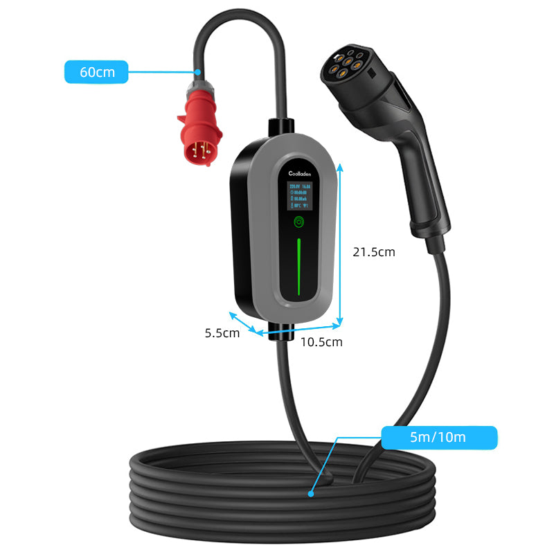 Coolladen laadkabel type 2 CEE stekker 11 kW [3-fase|5/10m|6-16A] met instelbaar laadvermogen, laadstation en EV-lader voor ID.3/4/5, e-up, e-tron, Zoe en andere EV