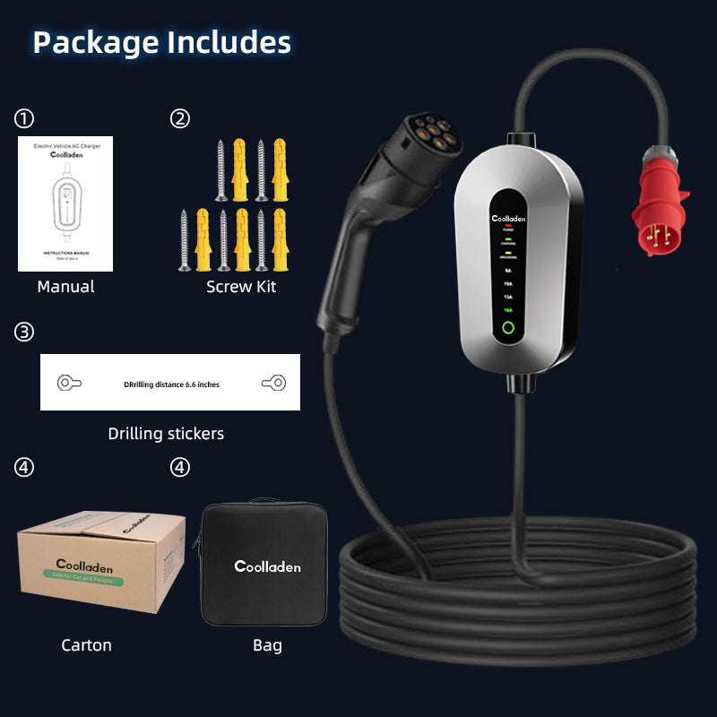 Coolladen laadkabel type 2 CEE stekker 11 KW [3-fase | 3/5m | 6-16A] met instelbaar laadvermogen, laadstation en EV-oplader voor ID.3/4/5, E-Up, E-Tron, Zoe en andere EV