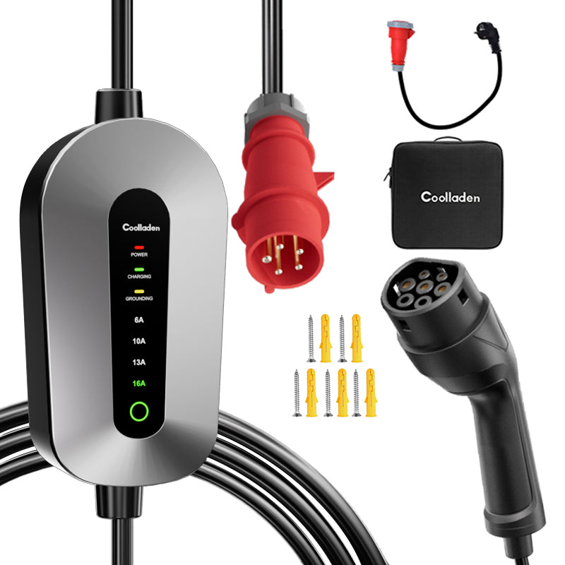 Coolladen Mobiele Wallbox 11kW laadkabel type 2 CEE plug [3-phase|4m/6m/11m|6-16A] met instelbare laadkracht, laadstation en EV-lader voor ID.3/4/5, e-up, e-tron, Zoe en andere EV
