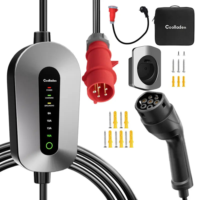 Coolladen Mobiele Wallbox 11kW laadkabel type 2 CEE plug [3-fase|4m/6m/11m|6-16A] met instelbare laadkracht, laadstation en EV-lader voor ID.3/4/5, e-up, e-tron, Zoe en andere EV